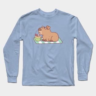 Cute Chill Capybara Drinking Coconut Water Long Sleeve T-Shirt